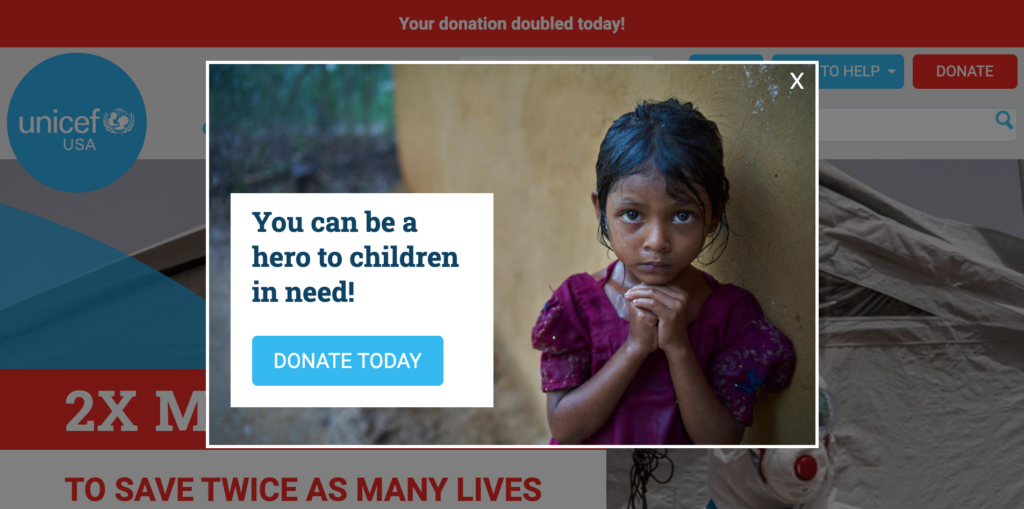 Unicef USA small girl donation popup