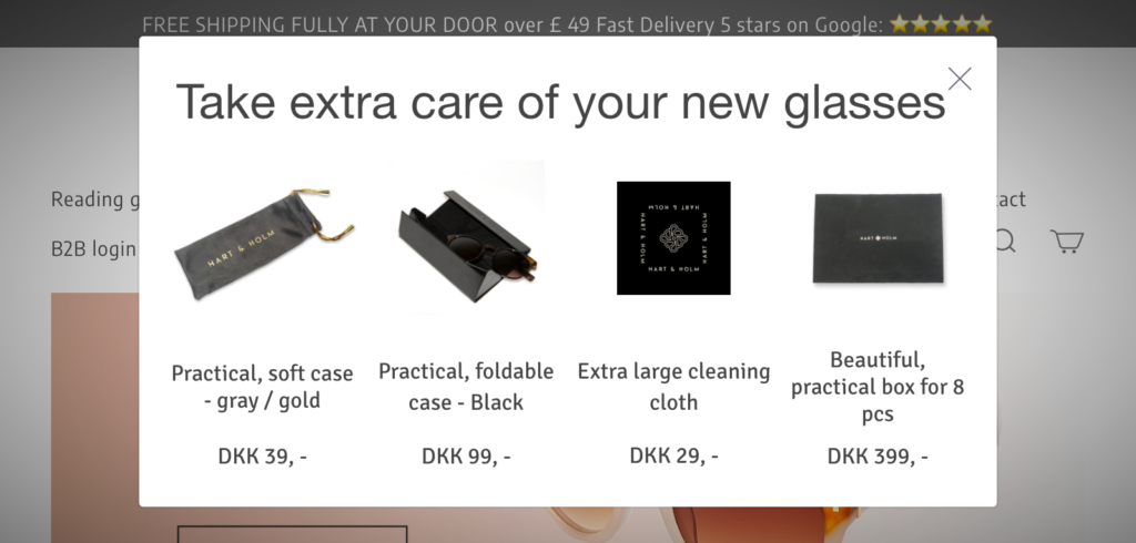 Hart & Holm take care of your glasses product recommandation popup