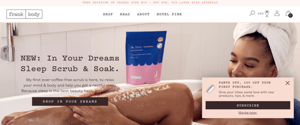 Frank body newsletter 10% popup