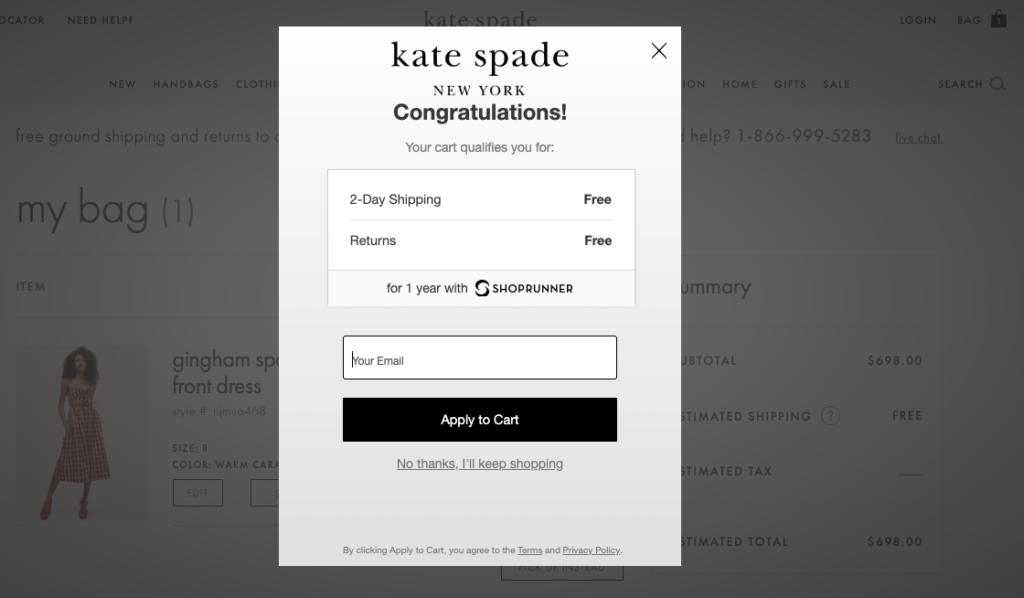 kate spade free shipping popup