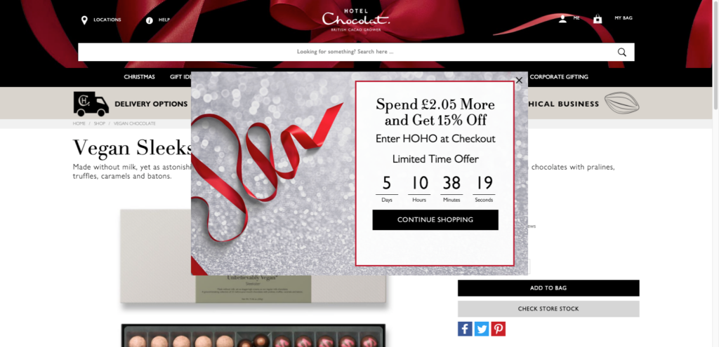 hotel chocolat countdown merge tag popup