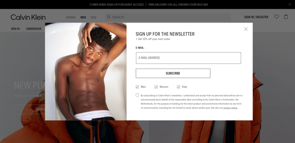 Calvin Klein Sign Up for Newsletter Pop Up