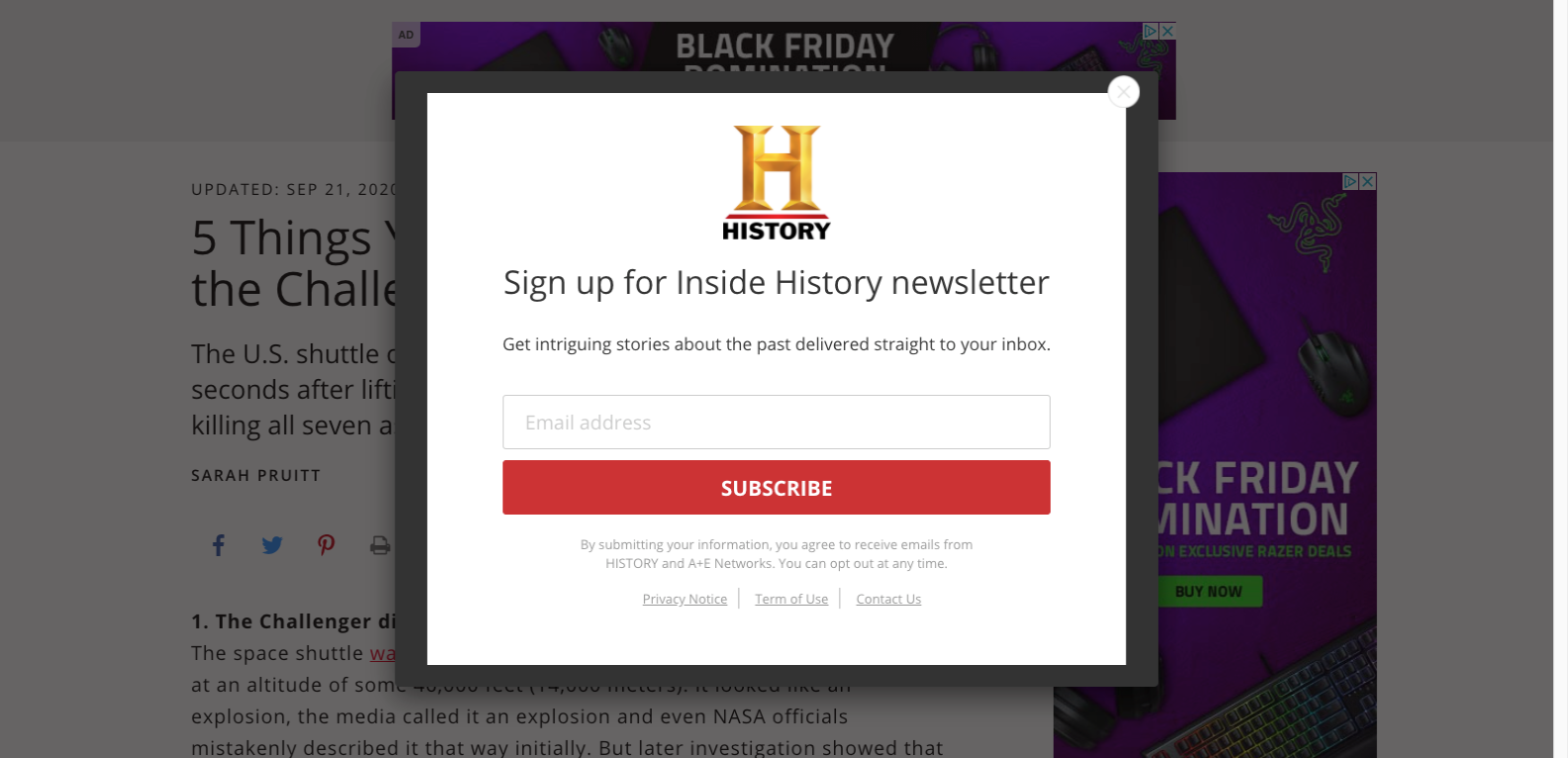 history newsletter popup