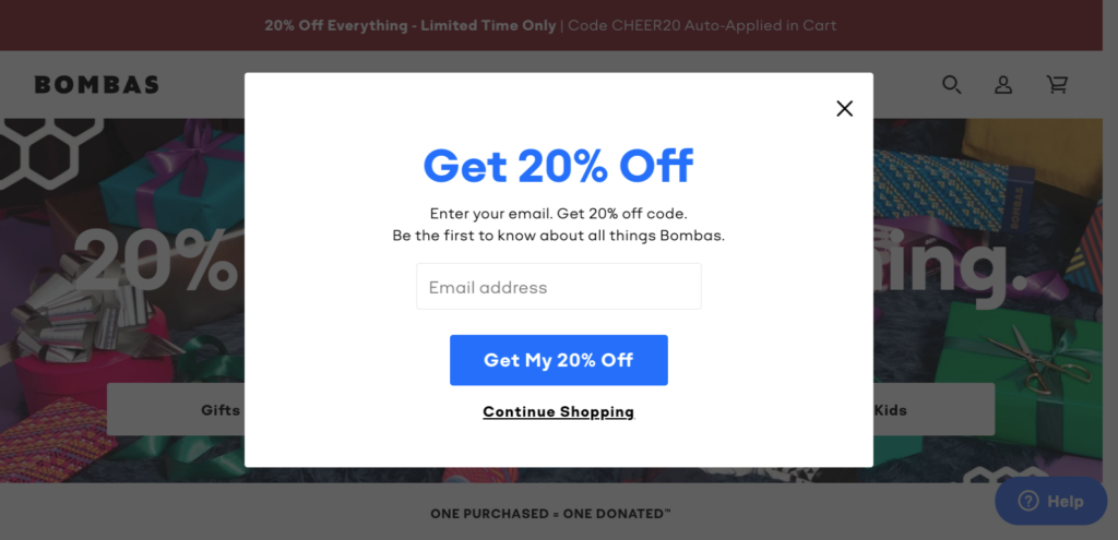 bombas 20 off popup
