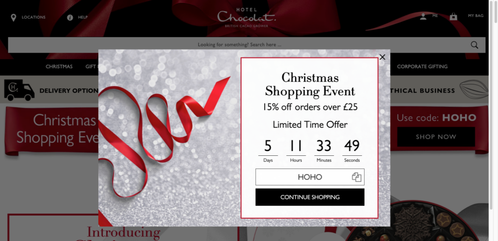 hotel chocolat countdown merge tag popup
