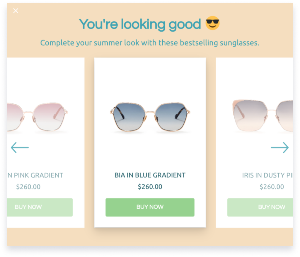 Product-carousel slide-in popup format featuring bestselling sunglasses with “You’re looking good 😎” headline and buy-now buttons.