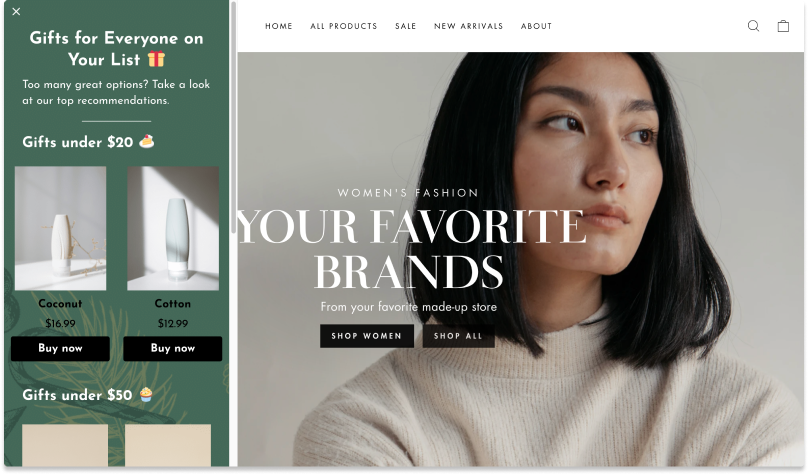 Gift-recommendation sidebar popup format showing “Gifts for Everyone on Your List,” product cards for Coconut ($16.99) and Cotton ($12.99) with Buy Now buttons, and additional “Gifts under $50” suggestions on a festive green panel.