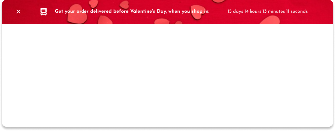 Valentine’s Day delivery-countdown sticky-bar popup format with hearts background, white shipping-truck icon, offer text, and live timer.