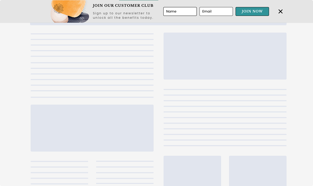 Sticky-bar popup format across the top of a webpage inviting visitors to “Join Our Customer Club” with name and email fields, teal “Join Now” button, small product photo, and close icon.