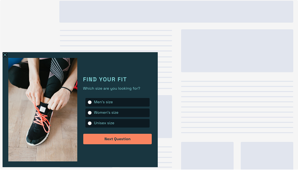 Interactive slide-in popup format titled “Find Your Fit,” featuring a runner lacing sneakers, radio-button size options for men, women, and unisex, and an orange “Next Question” call-to-action.