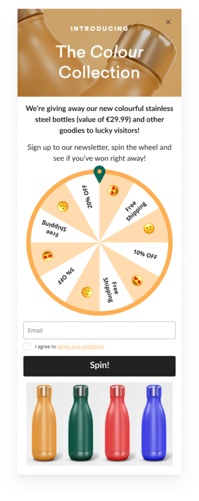 Gamified spin-to-win popup format promoting the Colour Collection stainless-steel bottles, with a prize wheel showing discounts and free shipping, email field, terms checkbox, and “Spin!” CTA.