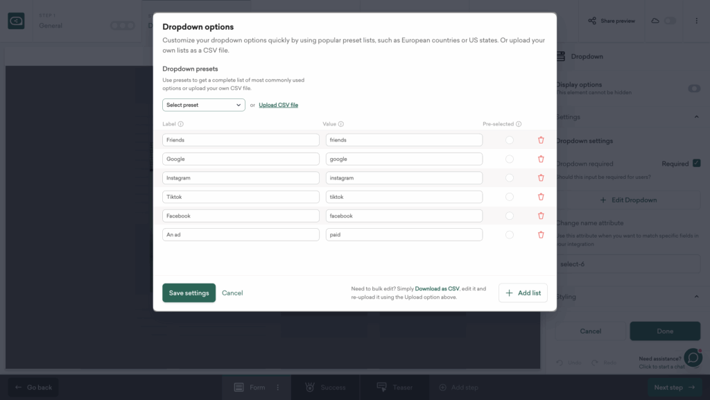 edit dropdown options in black friday attribution popup