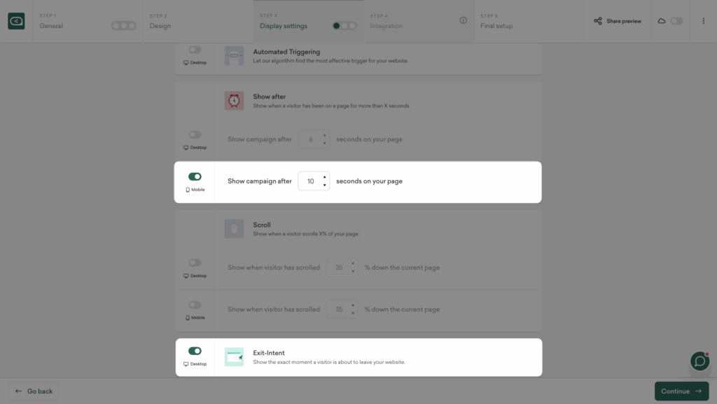 Set popup trigger to exit-intent on desktop and tap or auto on mobile	