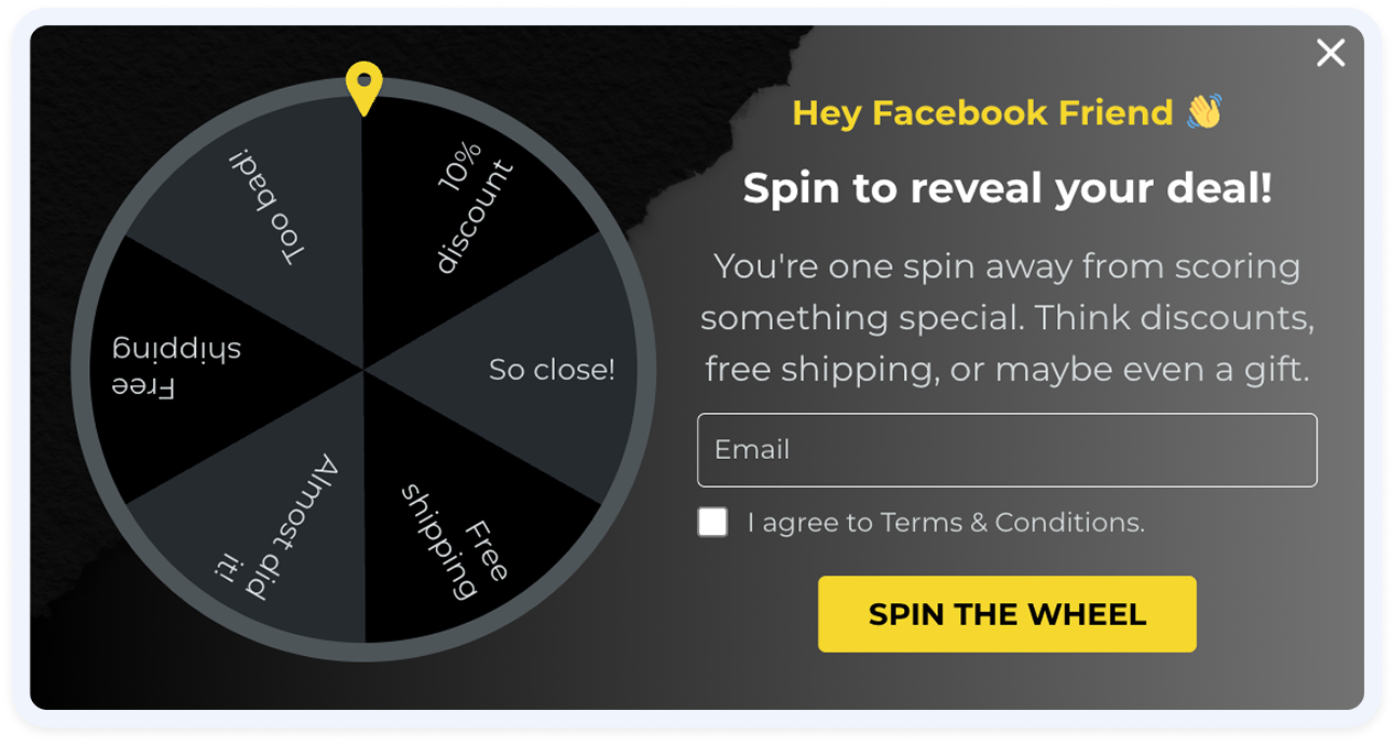 Black Friday gamified popup template with spin-to-win wheel and email capture form