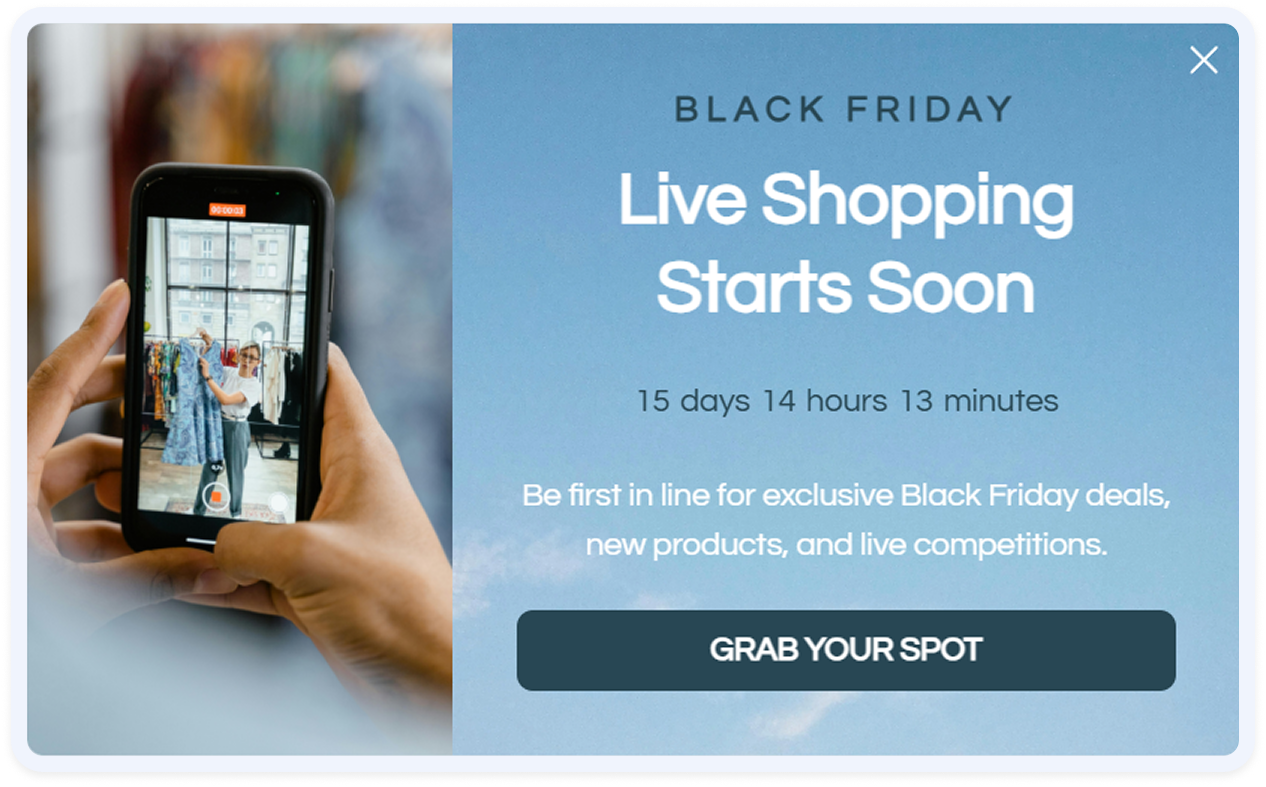 Szablon popup wydarzenia na żywo z okazji Black Friday w Sleeknote
