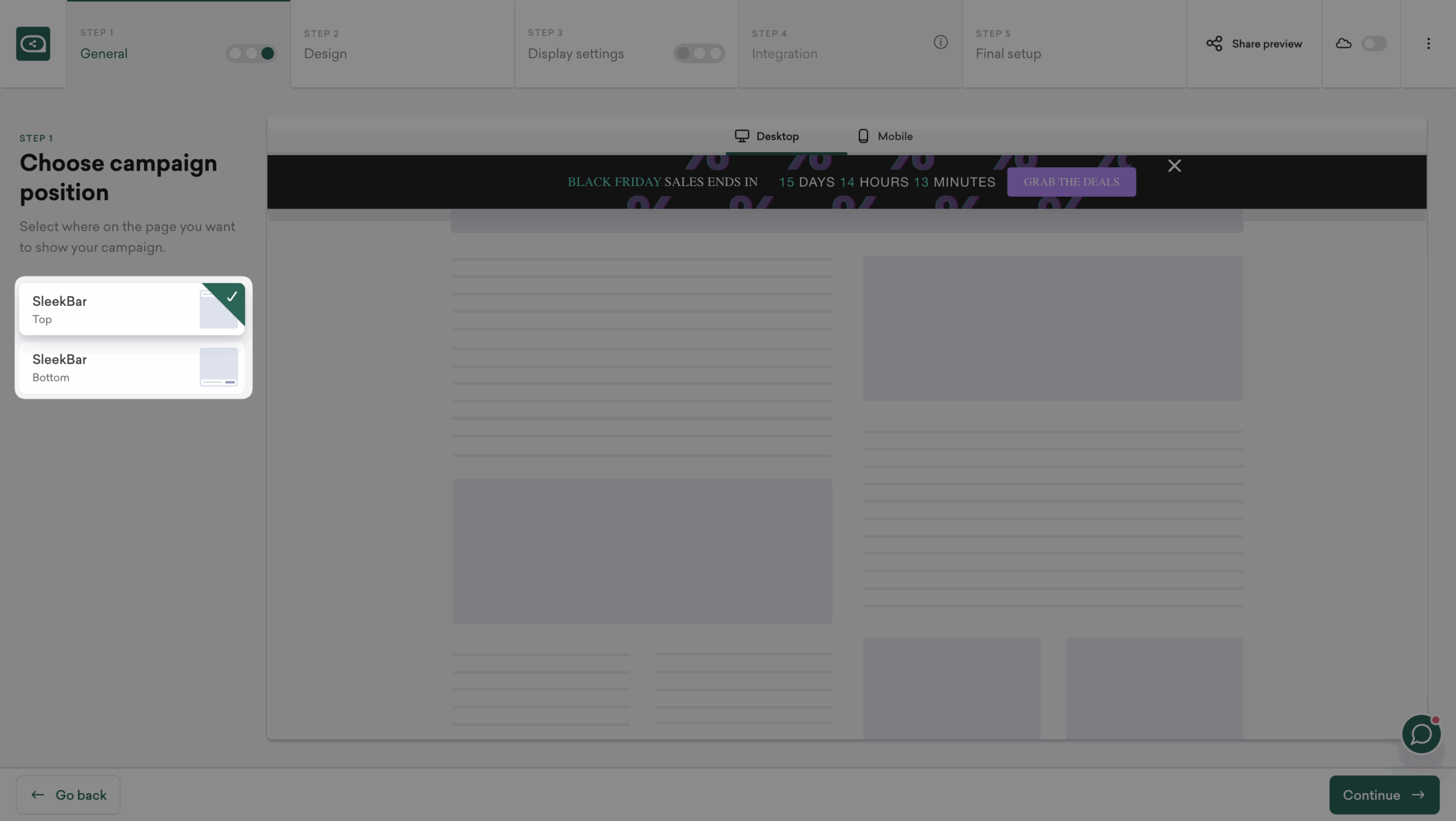 Black Friday countdown bar position setting for top or bottom placement