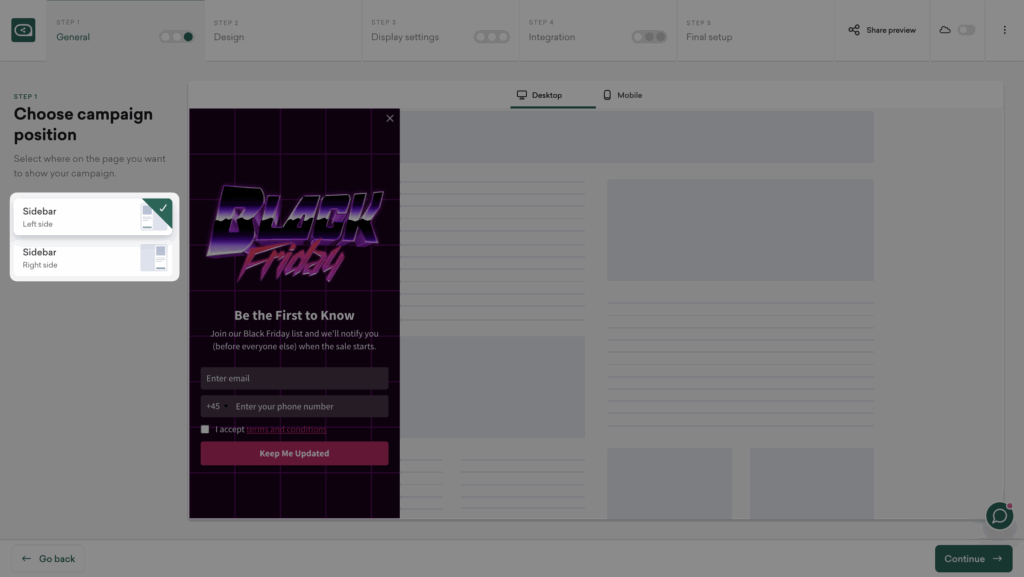 Choose the position of your Black Friday SMS and email popup sidebar