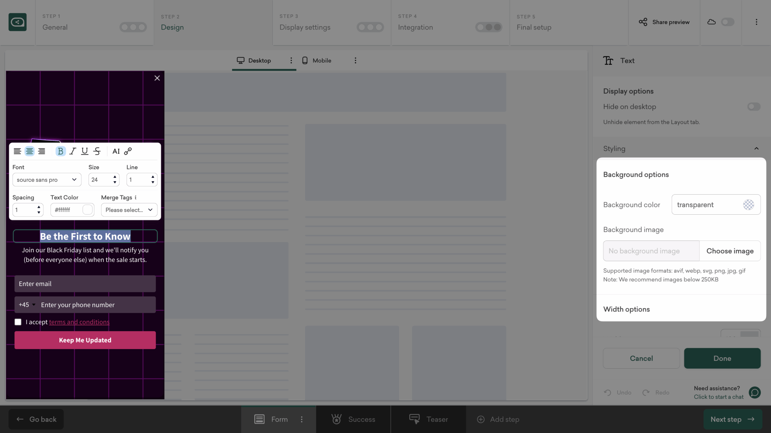 Customize your Black Friday SMS and email popup design and text