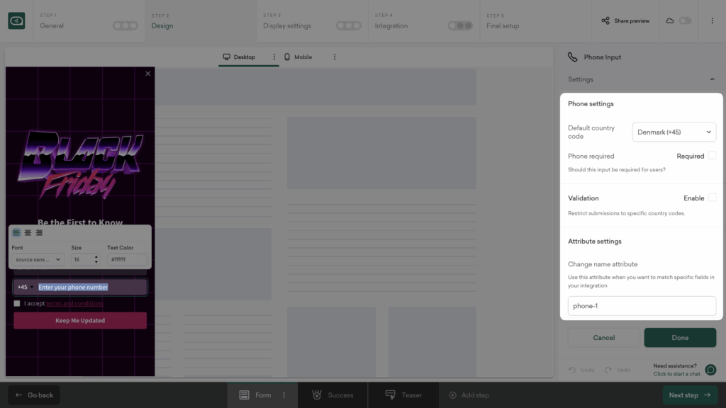 Configure phone input field for Black Friday SMS and email popup