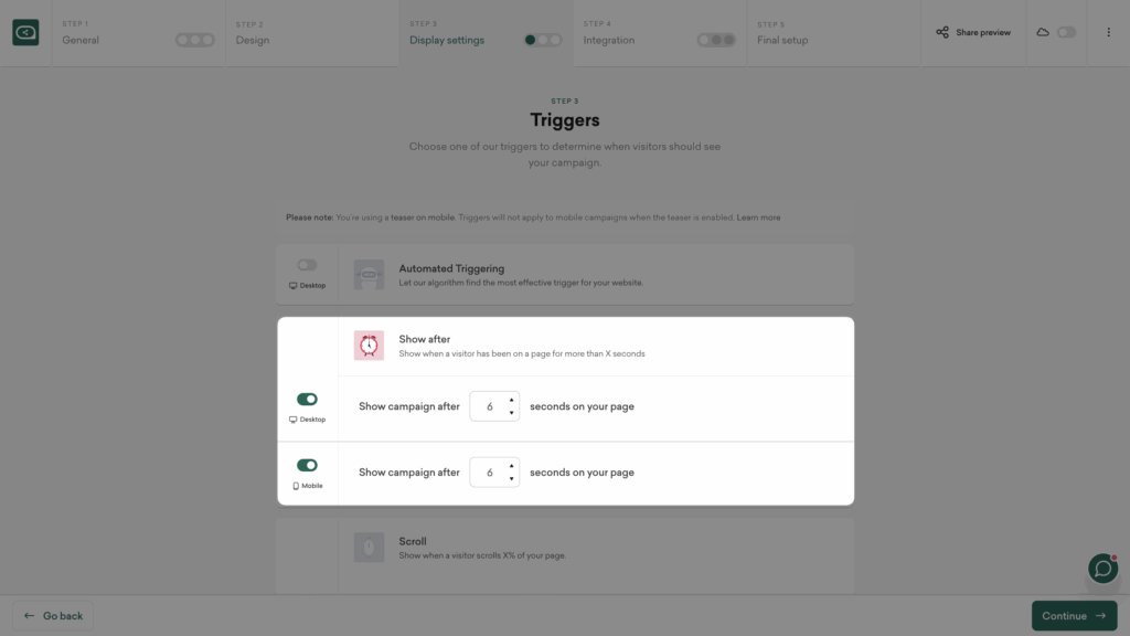 Choose trigger for your Black Friday SMS and email popup