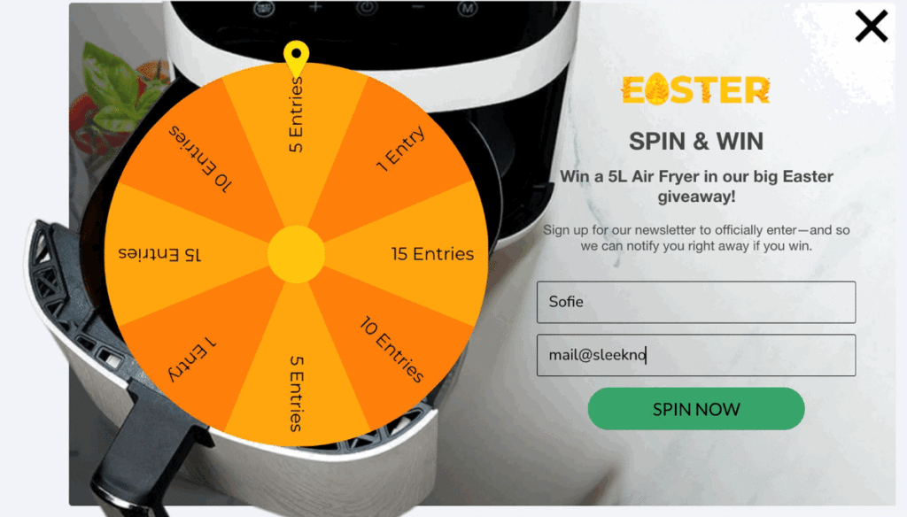 Onyx Cookware Easter giveaway Spin-to-Win popup with Sleeknote form to win a 5L air fryer and boost Onyx Cookware conversion rate