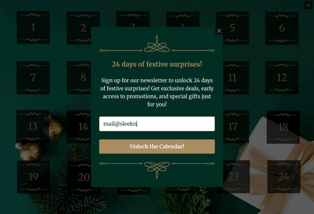 Advent Calendar gamification popup example with 24 doors