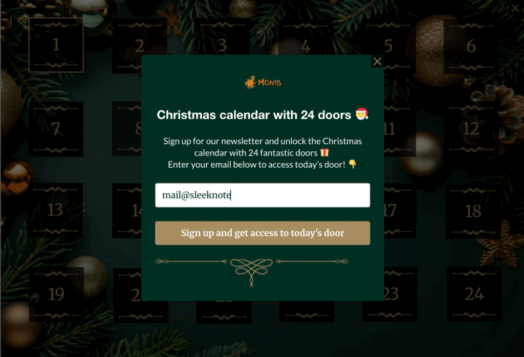 Monis Christmas Calendar popup created with Sleeknote