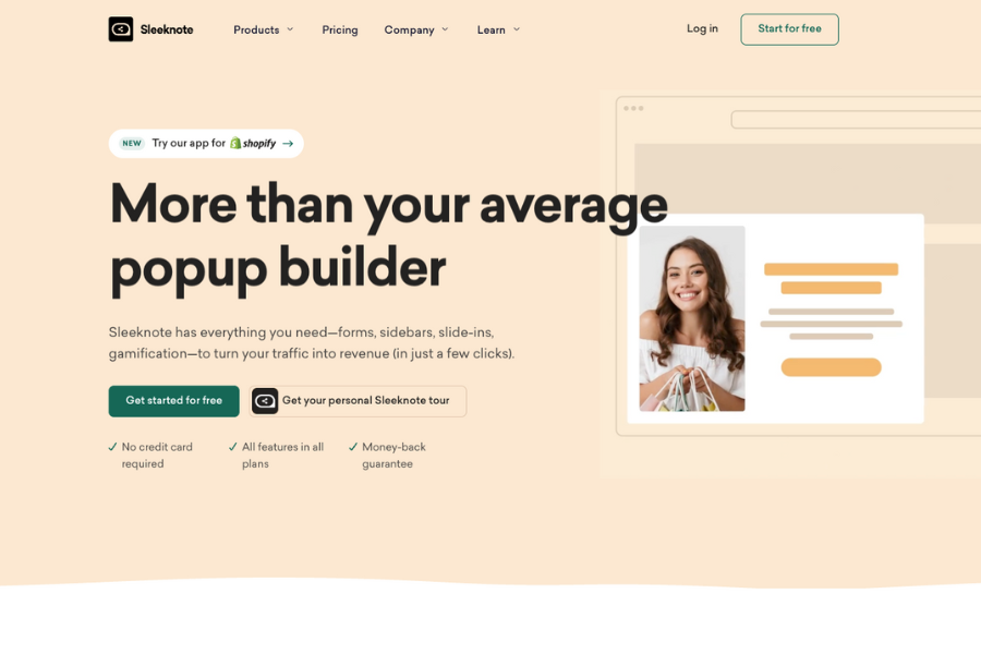 Sleeknote homepage, one of the best Digioh alternatives for quizzes and popups