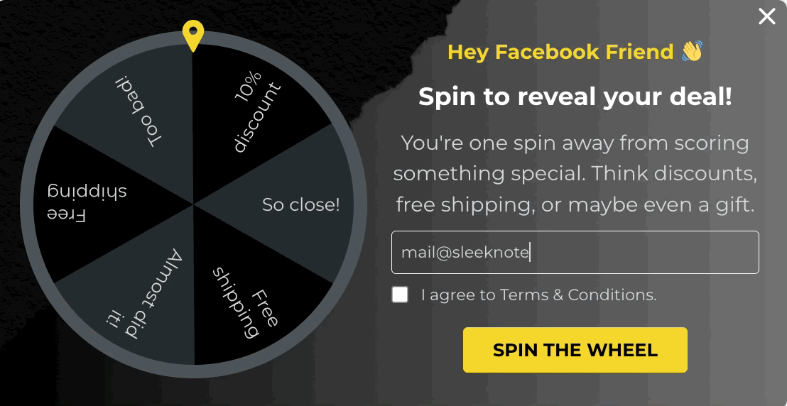 spin to win popup targeting visitors coming from facebook only
