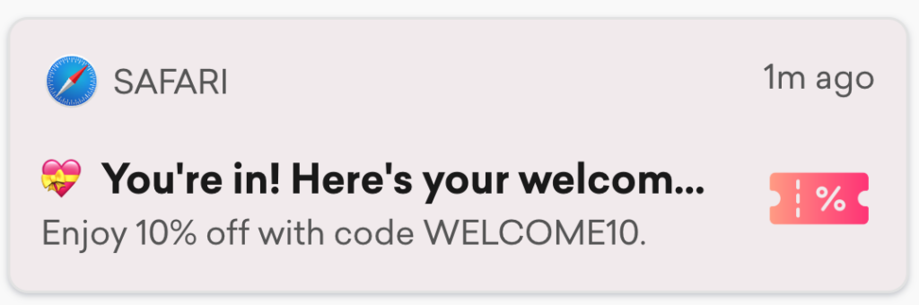 welcome push notification type with a discount code