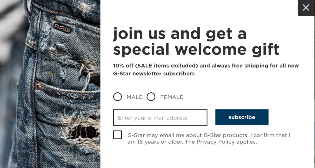 G-star raw welcome lead magnet