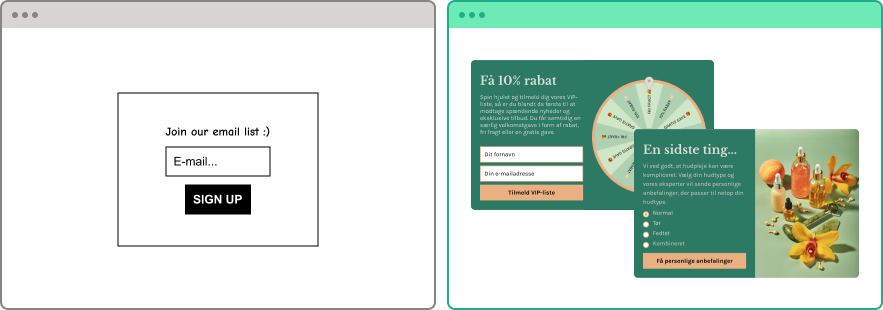 Side by side comparison of old way and new way of using website popups with gamification