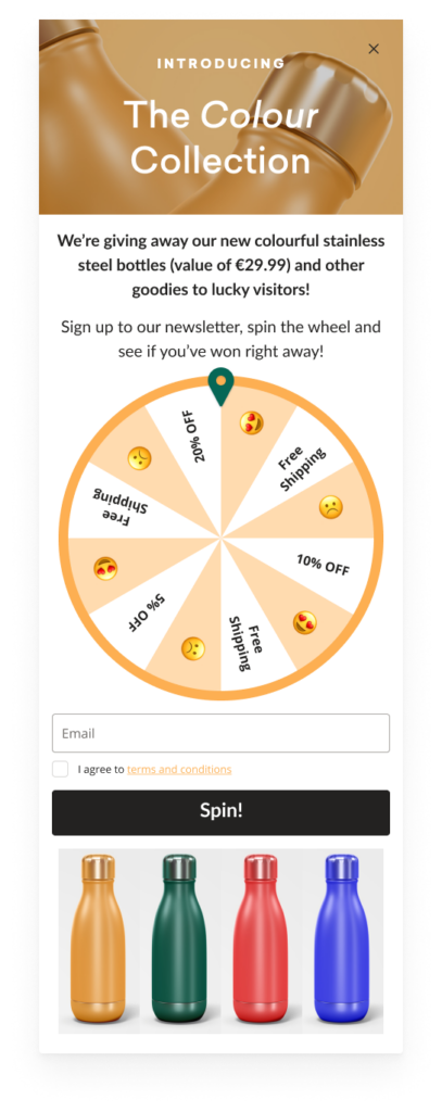 sidebar spin to win popup example promoting a product launch