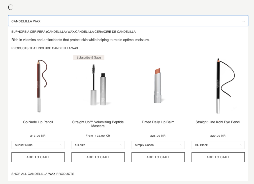 RMS Beauty ingredients list page promoting products