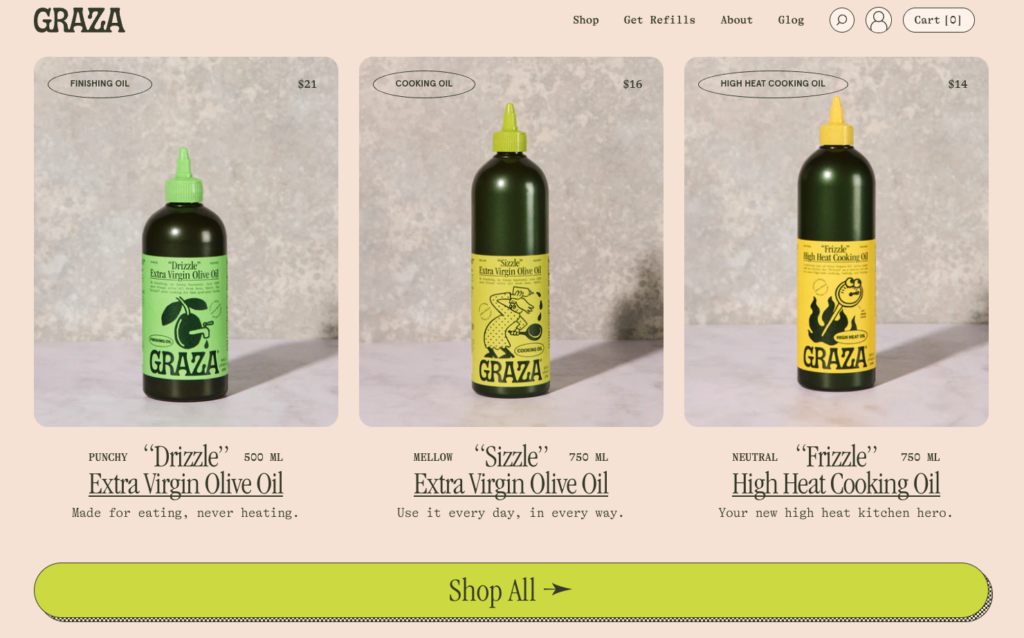 Graza homepage featuring the three products