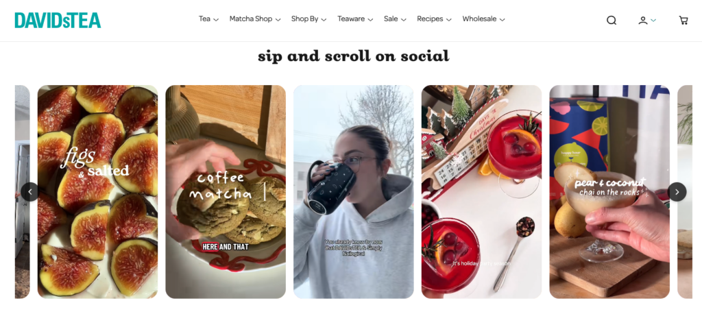DavidsTea sip and scroll section on homepage featuring user generated content