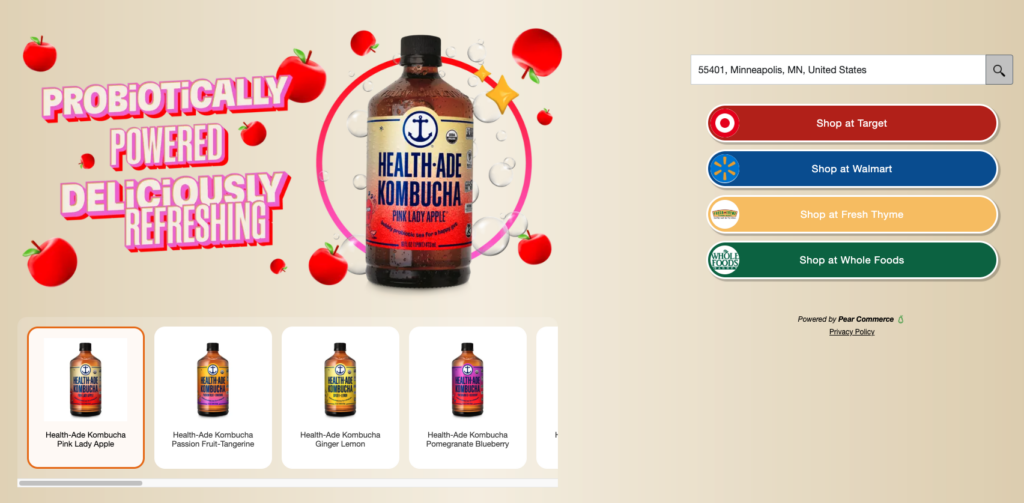 Health-ade Kombucha store locator on the website