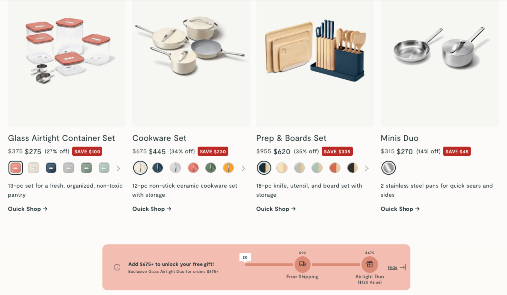 Caraway upsell bar promoting free shipping and gift on homepage