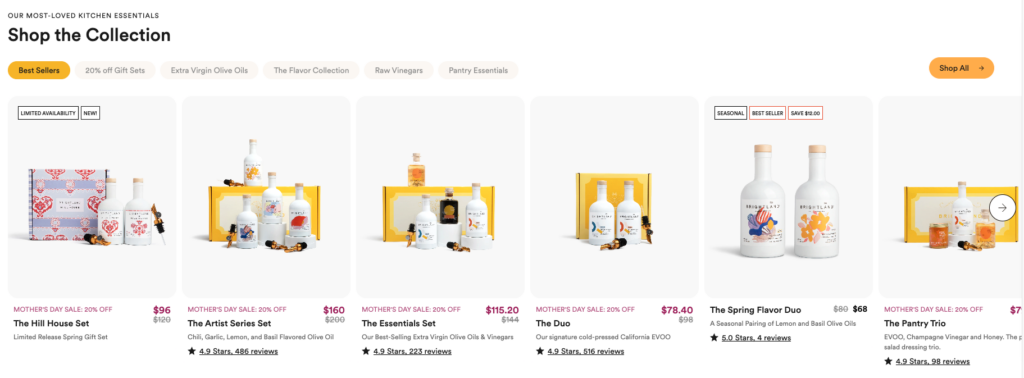 Brightland promoting sets instead of individual products on their homepage