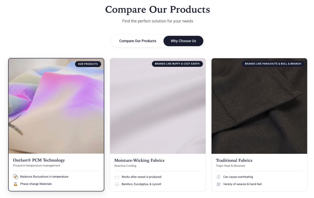 Slumber Cloud comparison with competitors on product pages