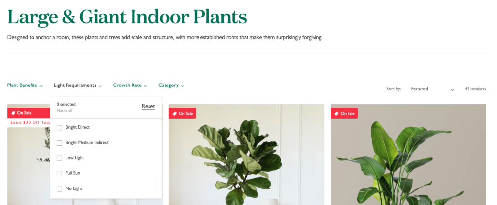 The Sill collection pages offering filtering by benefits and light requirements