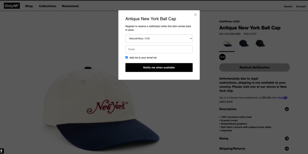 OnlyNY back in stock notifications popup on sold out product pages