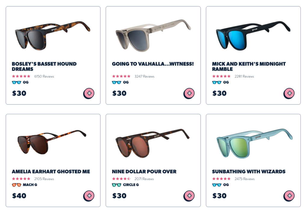 Goodr collection page showing great product copywriting examples