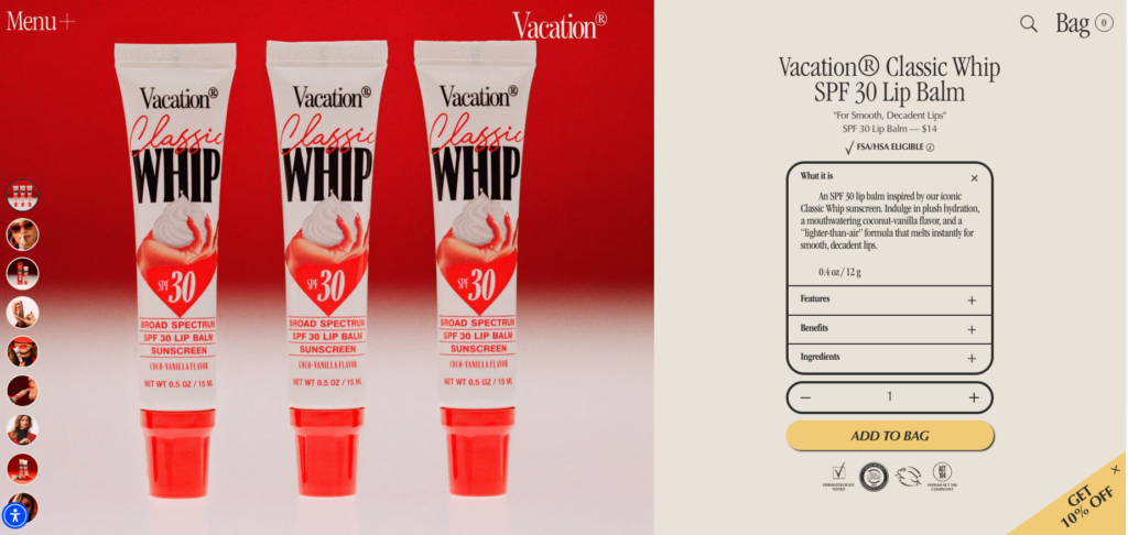 Example of a Vacation product page on Shopify