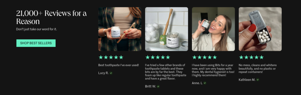 Bite homepage featuring customer reviews as social proof