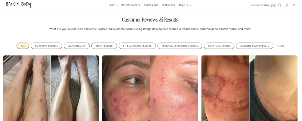 Bangn Body results landing page showing before after pictures of customers