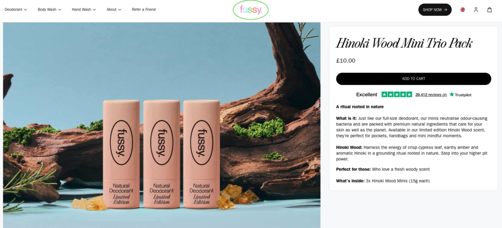 Fussy Deodorant Hinoki Wood Mini Trio Pack product page