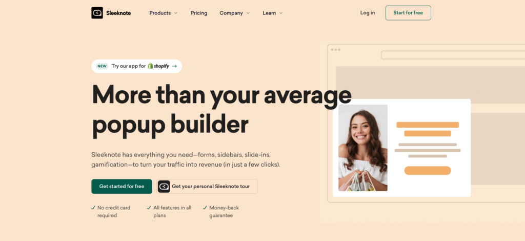 Sleeknote popup software homepage for ecommerce