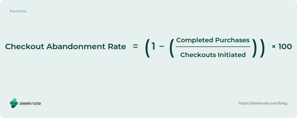 Checkout Abandonment Rate equals one minus Completed Purchases divided by Checkouts Initiated, multiplied by 100.
