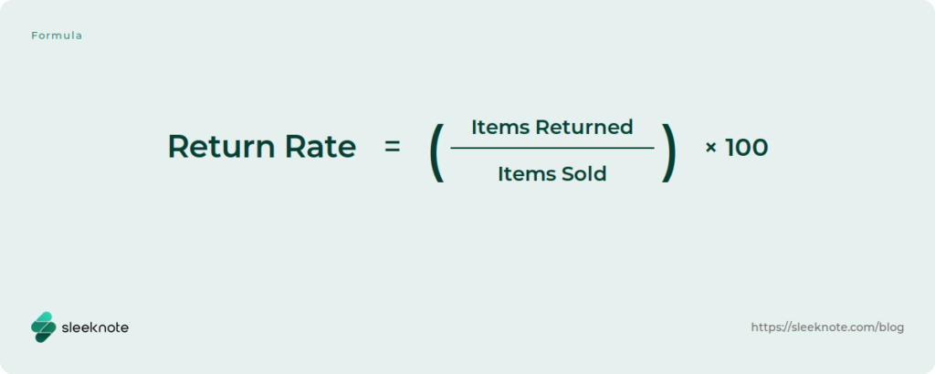 Return Rate equals Items Returned divided by Items Sold, multiplied by 100.